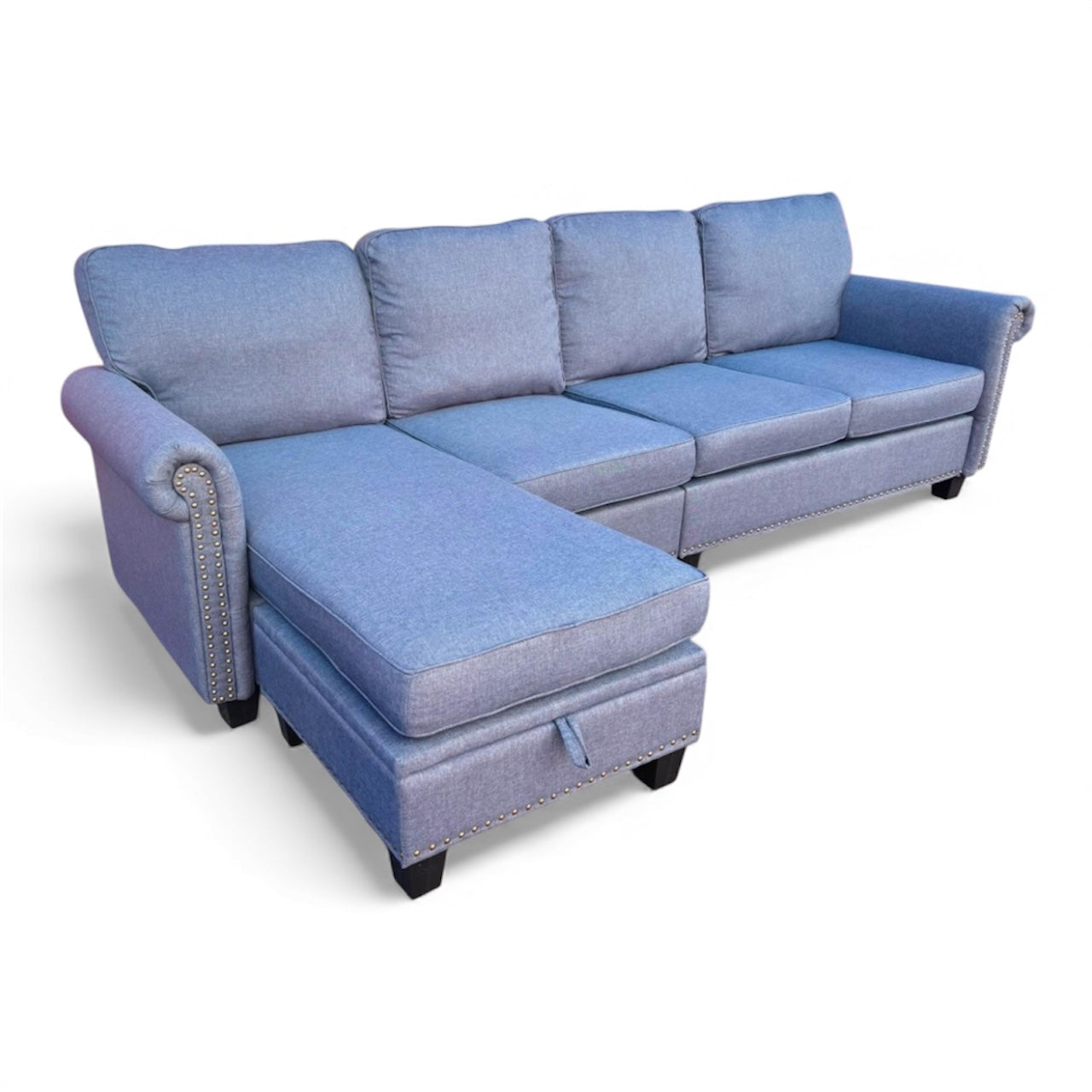 Beautiful Blue Studded Sectional with Chaise Storage