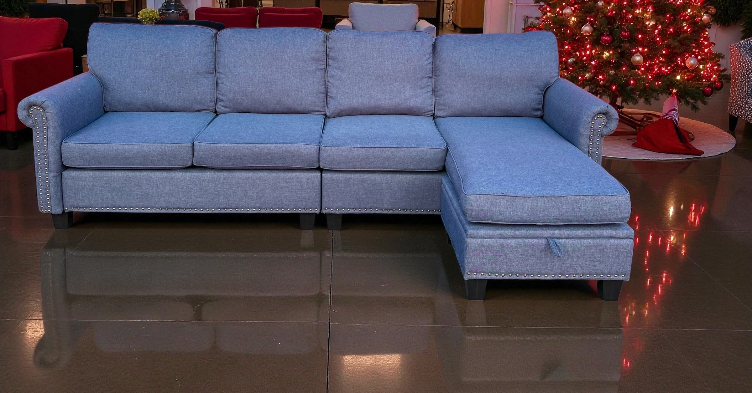 Beautiful Blue Studded Sectional with Chaise Storage