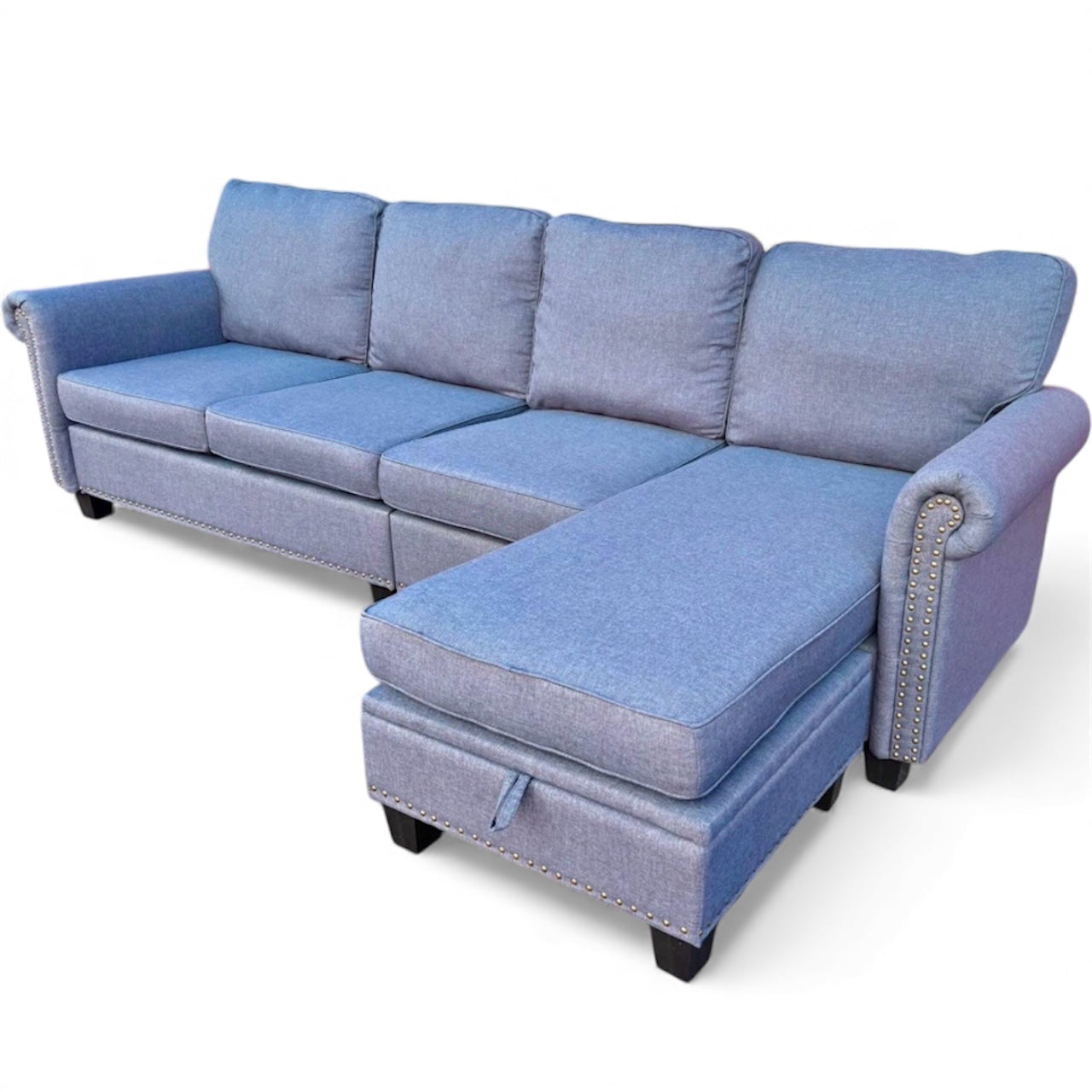 Beautiful Blue Studded Sectional with Chaise Storage