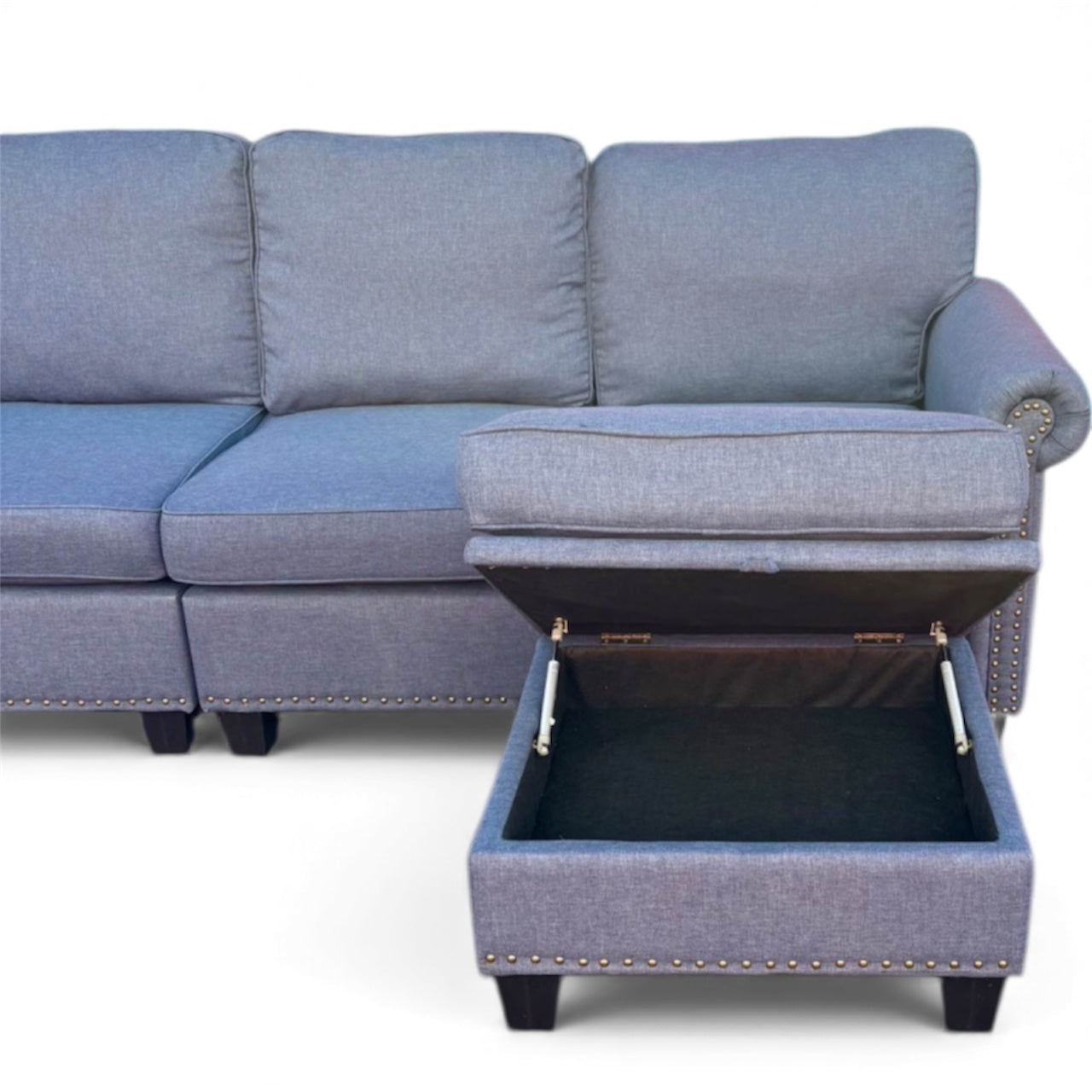 Beautiful Blue Studded Sectional with Chaise Storage