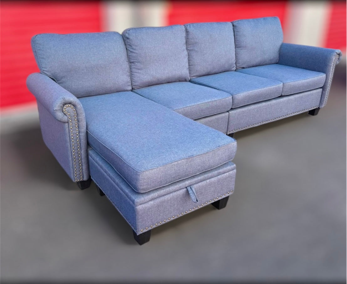 Beautiful Blue Studded Sectional with Chaise Storage