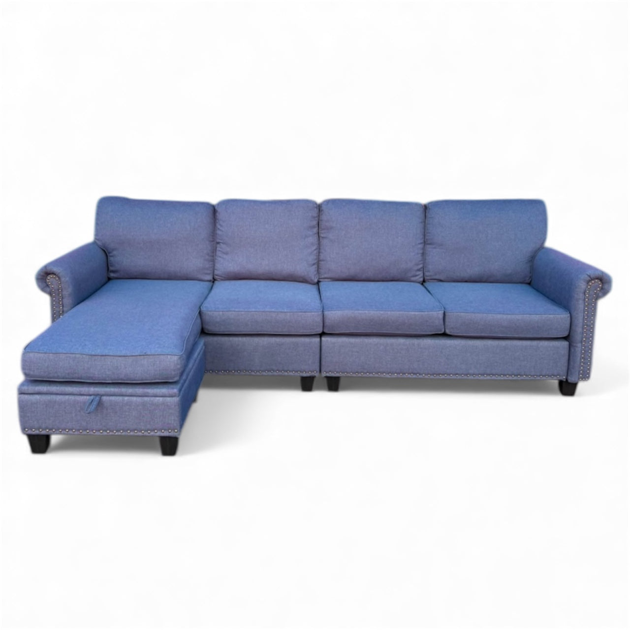 Beautiful Blue Studded Sectional with Chaise Storage